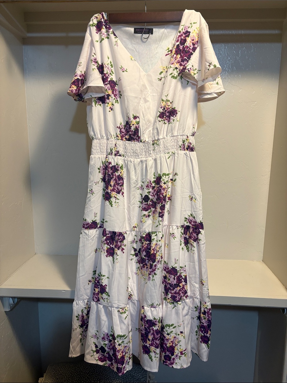 Flutter-Sleeve White Maxi Dress with Purple Floral Print